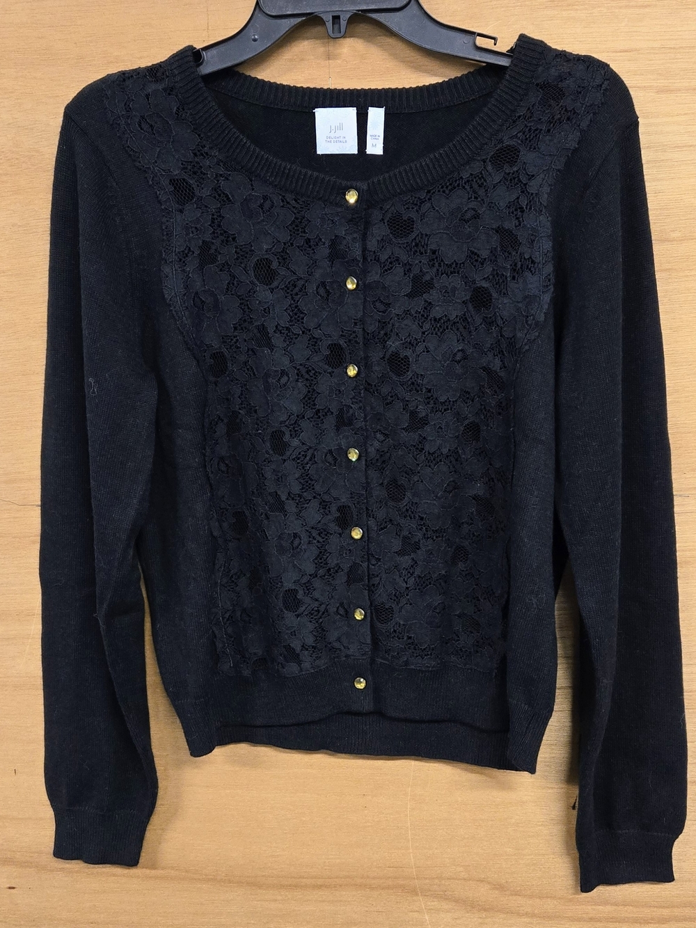 J. Jill Black Lace-Front Cardigan with Gold Buttons 11%Alpaca